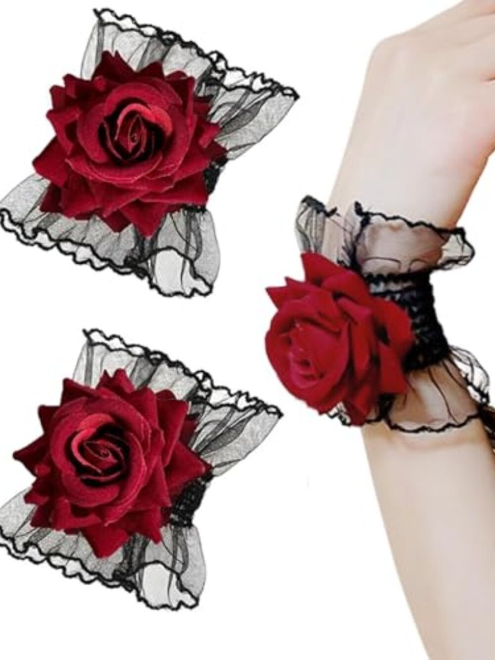 Gothic Rose Lace Gloves, Black with Wine Red Flower, 1 Pair | Lolita Hand Sleeve